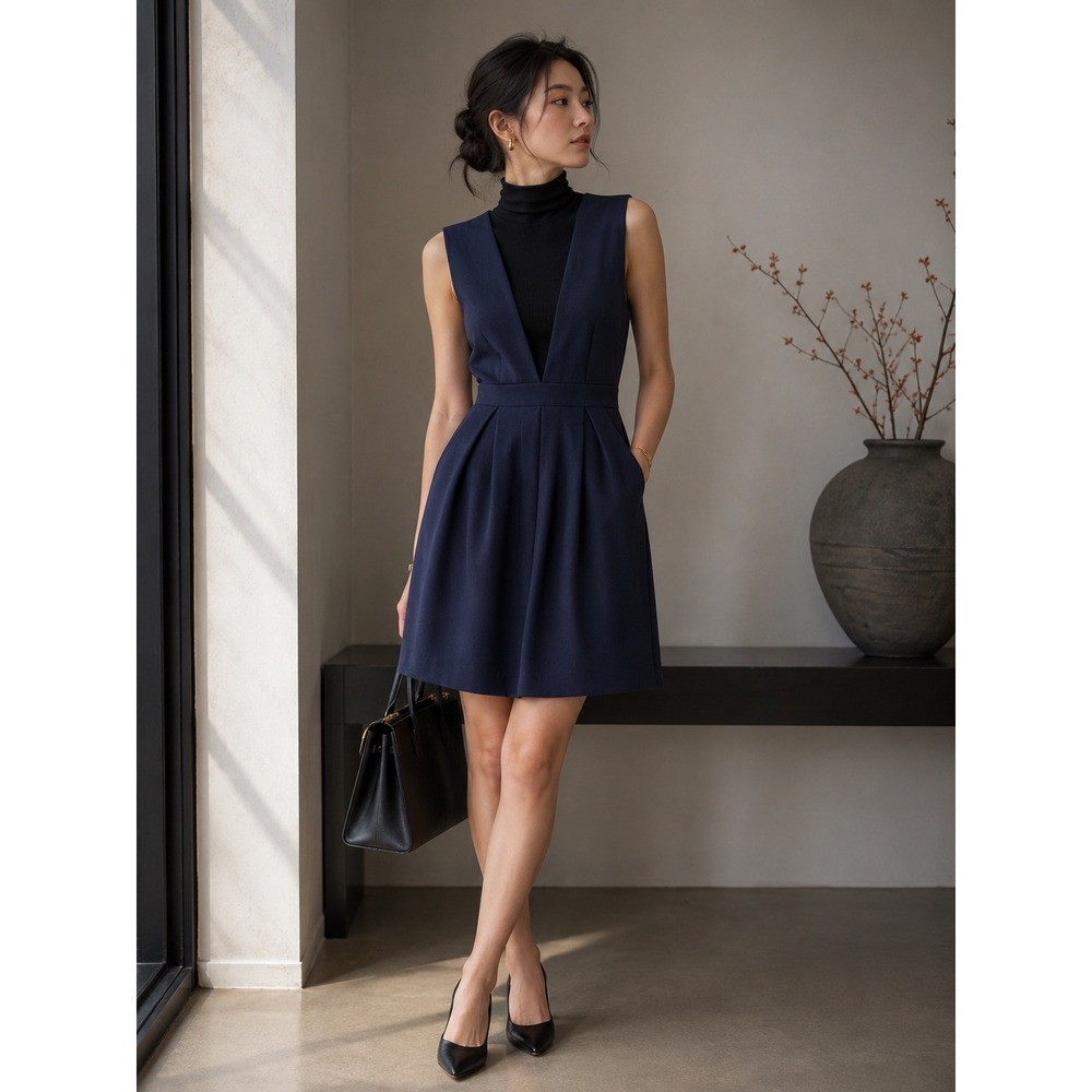 WHIT Navy Blue Wool Blend Deep V-Neck Pleated Jumper Mini Dress‎ Size 6 - Picture 2 of 8